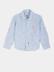 U.S. Polo Assn. Kids Boys Printed Spread Collar Cotton Linen Casual Shirt