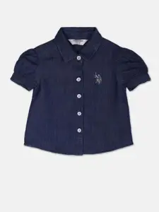 U.S. Polo Assn. Kids Girls Spread Collar Puff Sleeves Pure Cotton Casual Shirt
