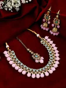 AQUASTREET JEWELS Gold-Plated AD Studded Necklace & Earring With Maang Tika Set