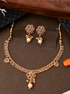 AQUASTREET JEWELS Gold-Plated Stone Studded Floral Designed Copper Necklace & Earrings Set