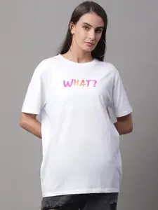 DOOR74 Typography Printed Drop-Shoulder Sleeves Cotton T-shirt