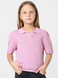 KIDS ONLY Girls Self Design Polo Collar Cotton T-shirt