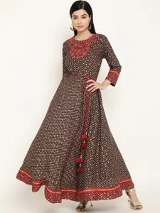 Be Indi Floral Printed Thread Work Embroidered Maxi-Length Ethnic Dress
