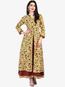 Be Indi Cotton Floral Printed Mandarin Collar Layered A-Line Maxi Dress