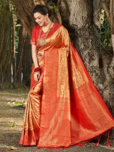 SANGAM PRINTS Floral Woven Design Zari Pure Silk Kanjeevaram Saree