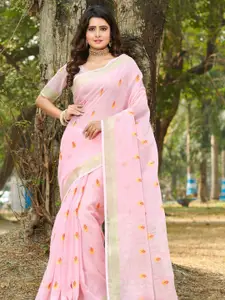 SANGAM PRINTS Woven Design Zari Linen Blend Saree
