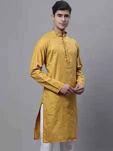 Jompers Mandarin Collar Ethnic Motifs Embroidered Sequined Straight Cotton Kurta