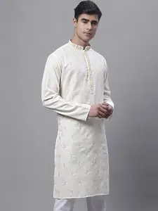 Jompers Mandarin Collar Ethnic Motifs Embroidered Straight Cotton Kurta