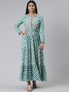 Neerus Notched Neck Tie & Dyed Embellished A-Line Ethnic Dress
