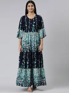 Neerus Floral Printed Bell Sleeves Tiered A-Line Dress