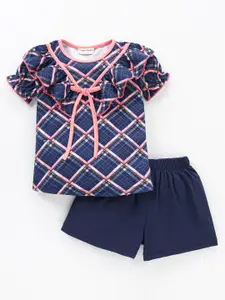 CrayonFlakes Girls Checked Pure Cotton Ruffles Top with Shorts