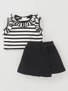 CrayonFlakes Girls Striped Pure Cotton Ruffles Top with Shorts