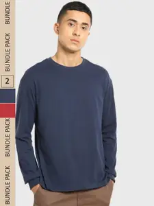 Bewakoof Blue & Red Pack Of 2 Drop-Shoulder Sleeves Cotton Loose T-shirt