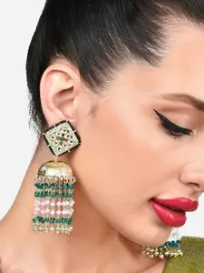 Zaveri Pearls Gold-Plated Dome Shaped Beads Embellished Chain Fringe Jhumkas Earrings