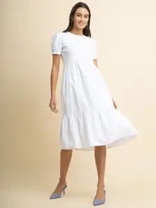 FableStreet Puff Sleeves Tiered Cotton Fit & Flare Dress