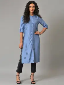 W Printed Band Collar Roll Up Sleeves Kurta