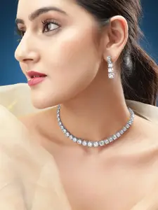 Rubans Rhodium-Plated White Cubic Zirconia Studded Tennis Necklace