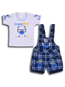 Wish Karo Infant Boys Checked Cotton Dungarees With Printed T-shirt