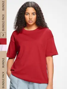 Bewakoof Women Red 2 Drop-Shoulder Sleeves Oversize T-shirt