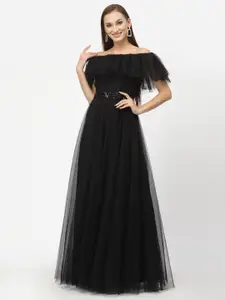 Just Wow Sequinned Off-Shoulder Net Maxi Dress
