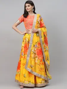 FABPIXEL Floral Printed Thread Work Semi-Stitched Organza Lehenga Choli With Dupatta