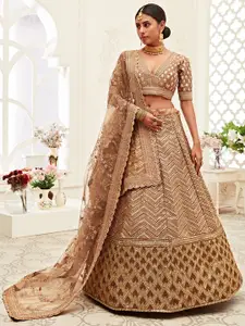 FABPIXEL Embroidered Sequinned Kalamkari Semi-Stitched Silk Lehenga Choli With Dupatta