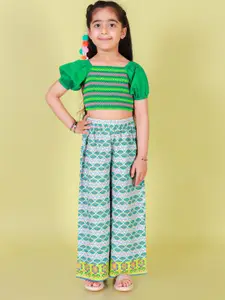 LIL DRAMA Girls Self Design Puff Sleeves Top with Palazzos Clothing Set