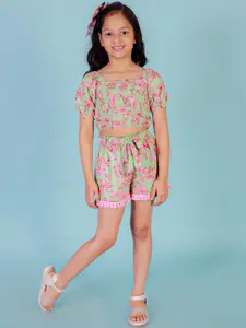 LIL DRAMA Girls Floral Printed Puff Sleeves Top with Shorts Clothing Set