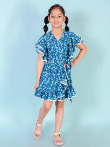LIL DRAMA Girls Floral Printed V-Neck Wrap Top with Skirt Clothing Set