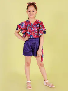 LIL DRAMA Girls Printed V-Neck Wrap Top with Shorts Clothing Set