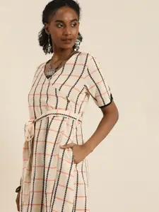 Taavi Woven Legacy Checked V-Neck Wrap Ethnic Dress Comes With A Belt