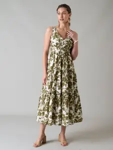 Style Island Floral Printed Fit & Flare Tiered Cotton Midi Dress
