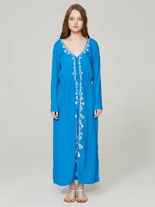 JC Collection Floral Embroidered Gathered Long Sleeve Maxi Dress