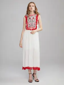 JC Collection Floral Embroidered Sleeveless A-Line Midi Dress With Tassels