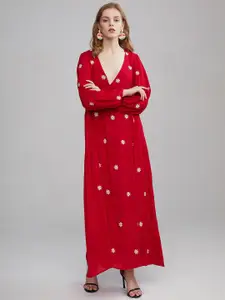 JC Collection Floral Embroidered V-Neck Cuffed Sleeves Pure Cotton Maxi Dress