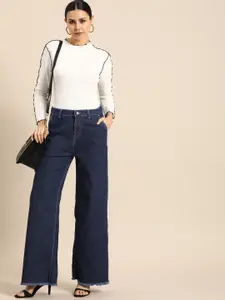 all about you Women Mid Rise Raw Hem Wide Leg Stretchable Jeans