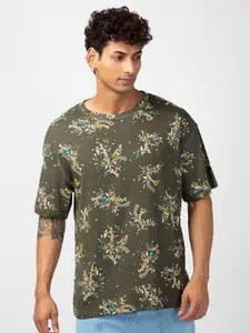 VASTRADO Floral Printed Drop-Shoulder Sleeves Cotton Oversize T-shirt