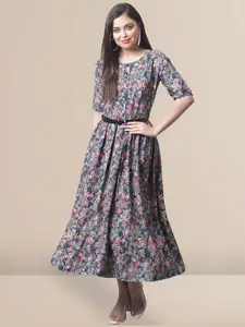 Fabflee Floral Printed Round Neck A-Line Midi Dress