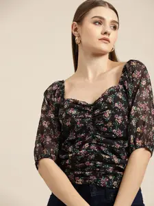 her by invictus Ruched Floral Print Sweetheart Neck Puff Sleeves Top