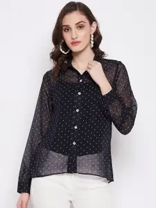 Imfashini Polka Dots Printed Sheer Georgette Shirt Style Top