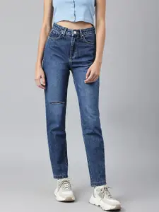 Xpose Women Blue Comfort Straight Fit High-Rise Slash Knee Light Fade Jeans