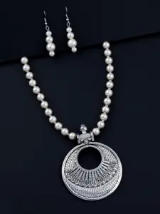 Silver Shine Silver-Plated Oxidised Beaded Necklace and Earrings