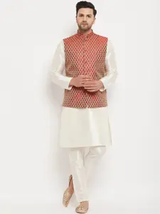 VASTRAMAY Mandarin Collar Kurta with Pyjamas With Woven Design Nehru Jacket