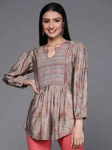 Libas Floral Printed Puff Sleeves Pleated A-Line Kurti