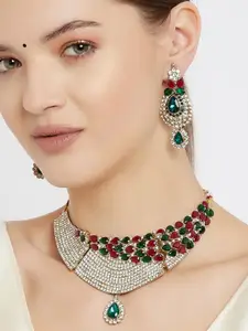 Estele Gold Plated Sparkling Choker Necklace Set with Ruby & Emerald for Women
