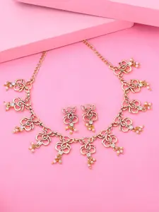 Estele Gold Plated Antique Ganesh Textured Necklace Set with Austrian Crystals