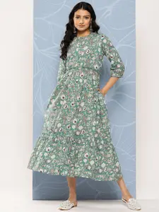 Libas Green Floral Print Puff Sleeve Fit & Flare Maxi Dress