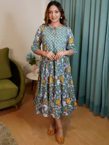 Libas Blue & Yellow Floral Print Tie-Up Neck Puff Sleeve Fit & Flare Midi Dress