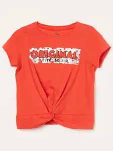 Fame Forever by Lifestyle Girls Orange Printed Pure Cotton Applique T-shirt