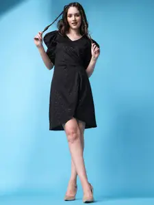Ziva Fashion Embellished Puff Sleeves Wrap Dress